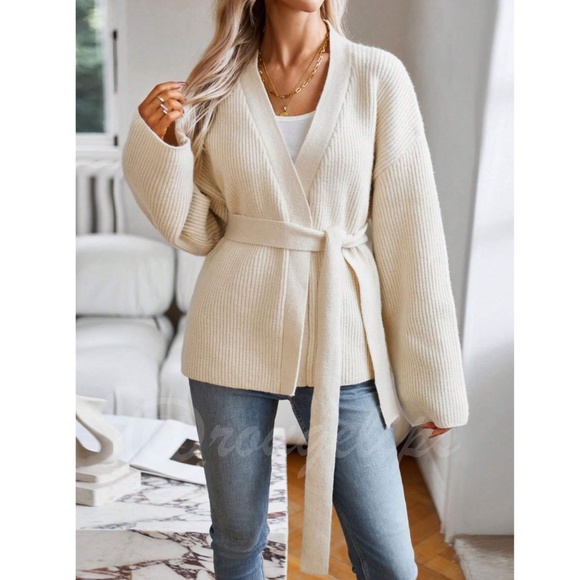 Beige Knit Kimono Sweater Tie Belt Loose Fit Drop Shoulder Wrap - Picture 4 of 7